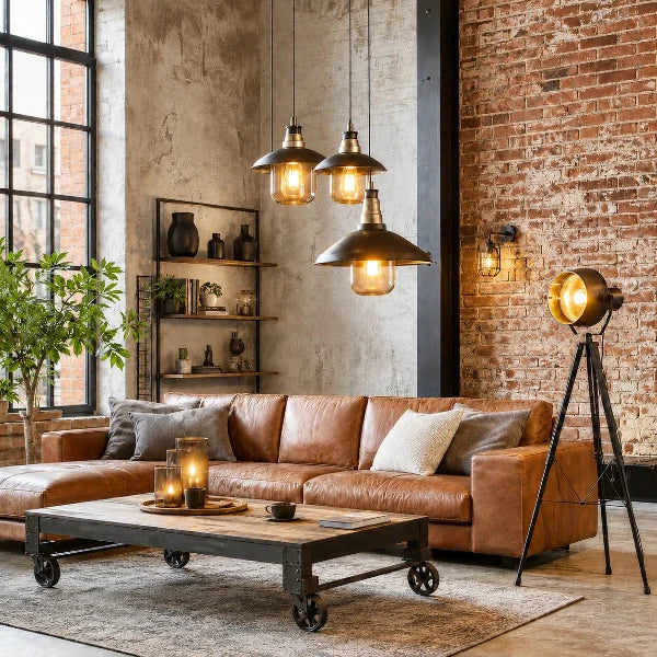Industrial-Wohnzimmer mit Ledersofa, Pendelleuchten, Dreibein-Stehlampe und Wandleuchten vor Backsteinwand.