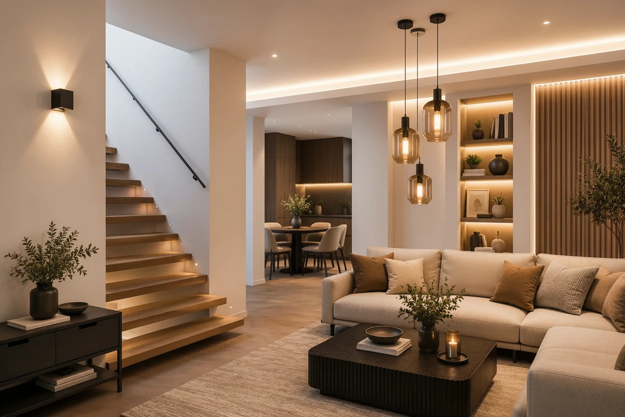 Moderne Innenbeleuchtung in einem eleganten Wohnbereich mit Pendel- und Wandleuchten.