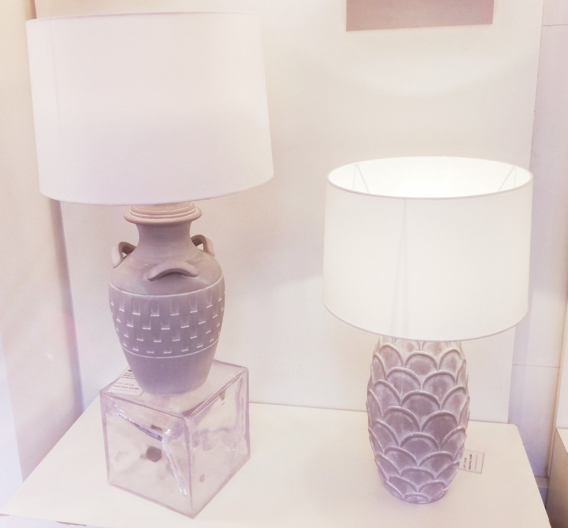 Keramik Hockerleuchte mit Textilschirm, Manica Bianco, weiß