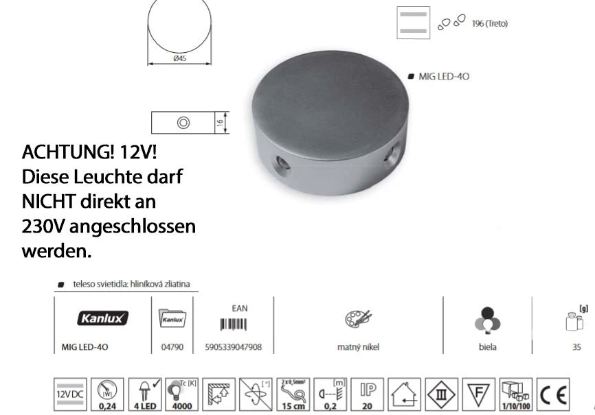 Katalog Kanlux kleine wandlampe 4,5cm durchmesser mit 4 led punkten kanlux mig led-40 12v