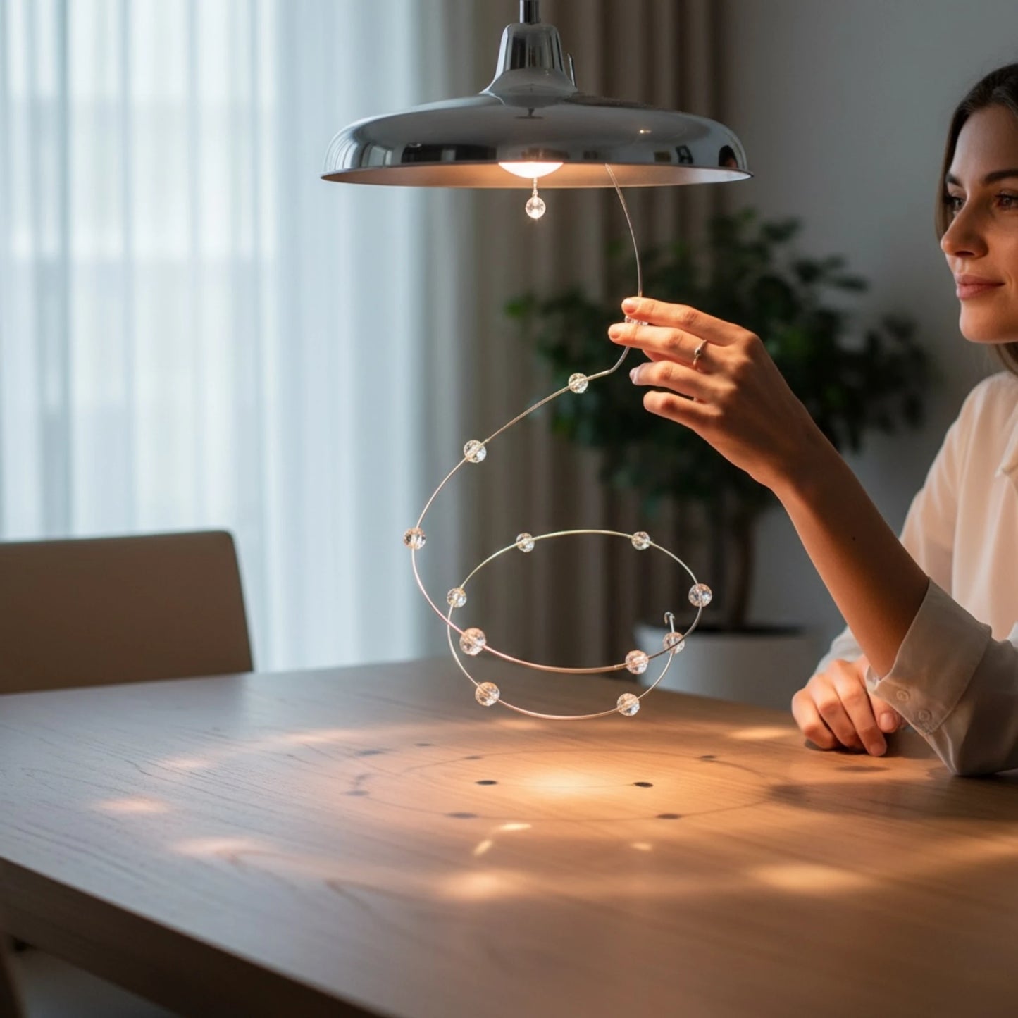 Kristallbehang an Deckenlampe erzeugt funkelnde Lichtreflexe im Raum