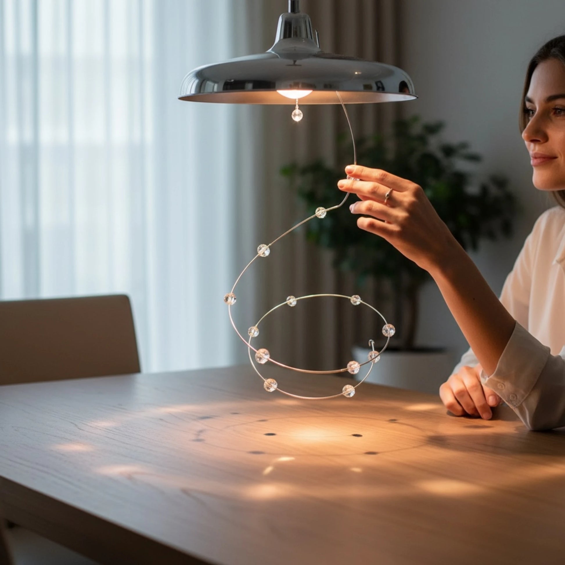 Kristallbehang an Deckenlampe erzeugt funkelnde Lichtreflexe im Raum