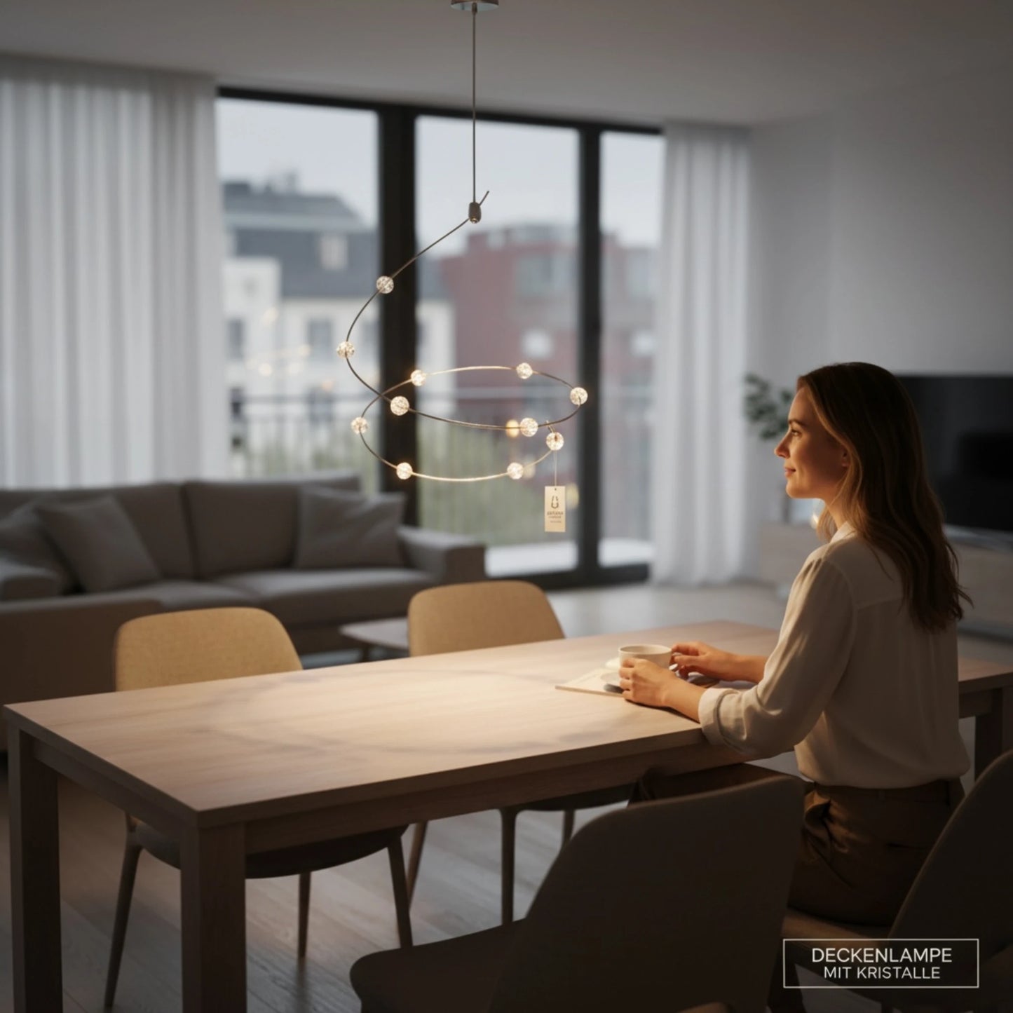Kristallbehang an moderner Deckenleuchte im Wohnzimmer mit Lichtreflexen