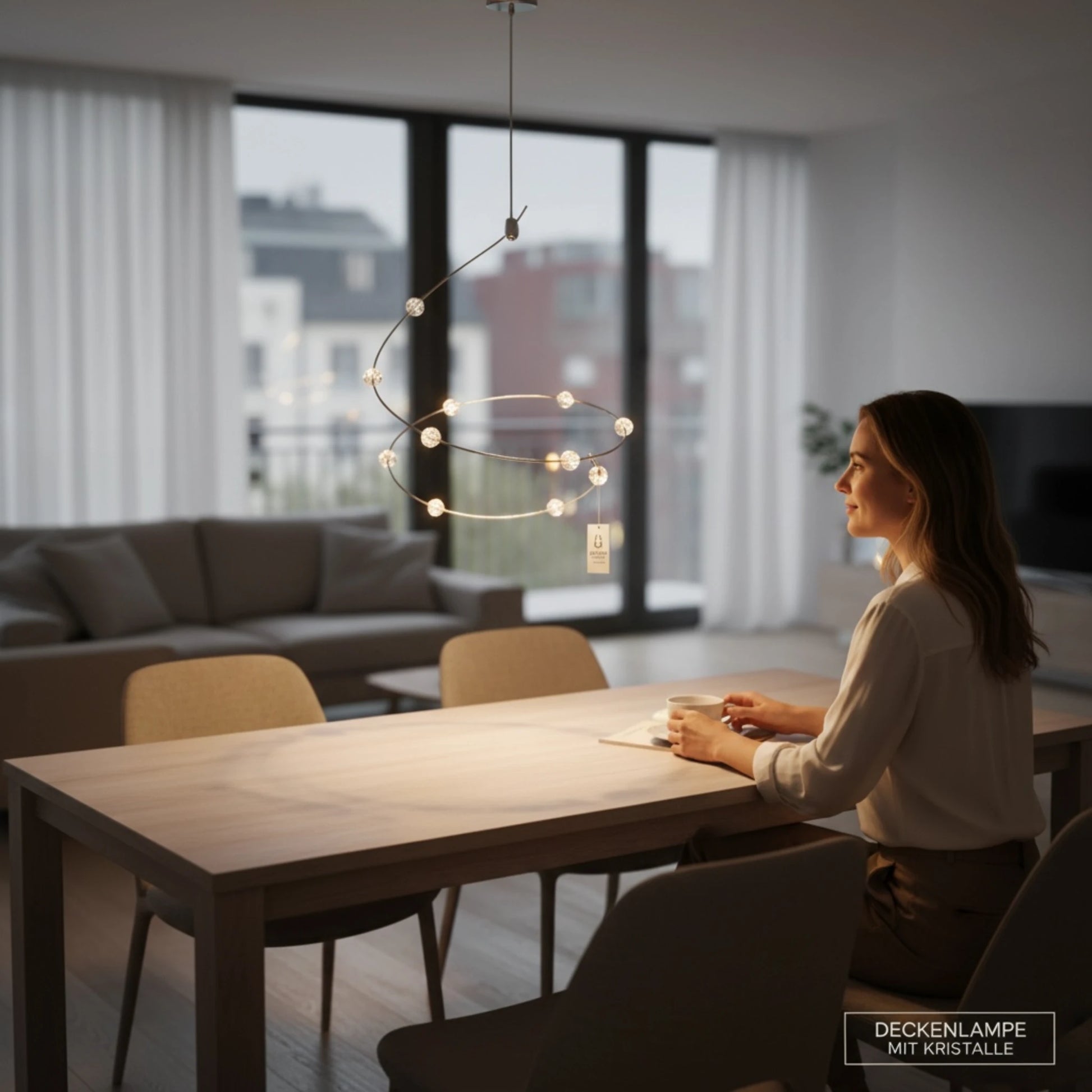 Kristallbehang an moderner Deckenleuchte im Wohnzimmer mit Lichtreflexen