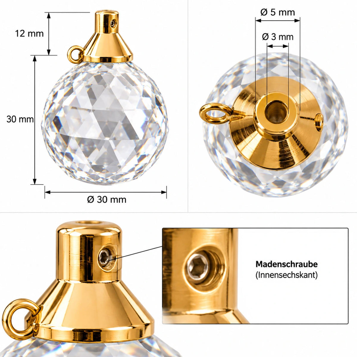 Facettierter Kristallanhänger 30 mm mit goldfarbener Aufhängung für Kronleuchter