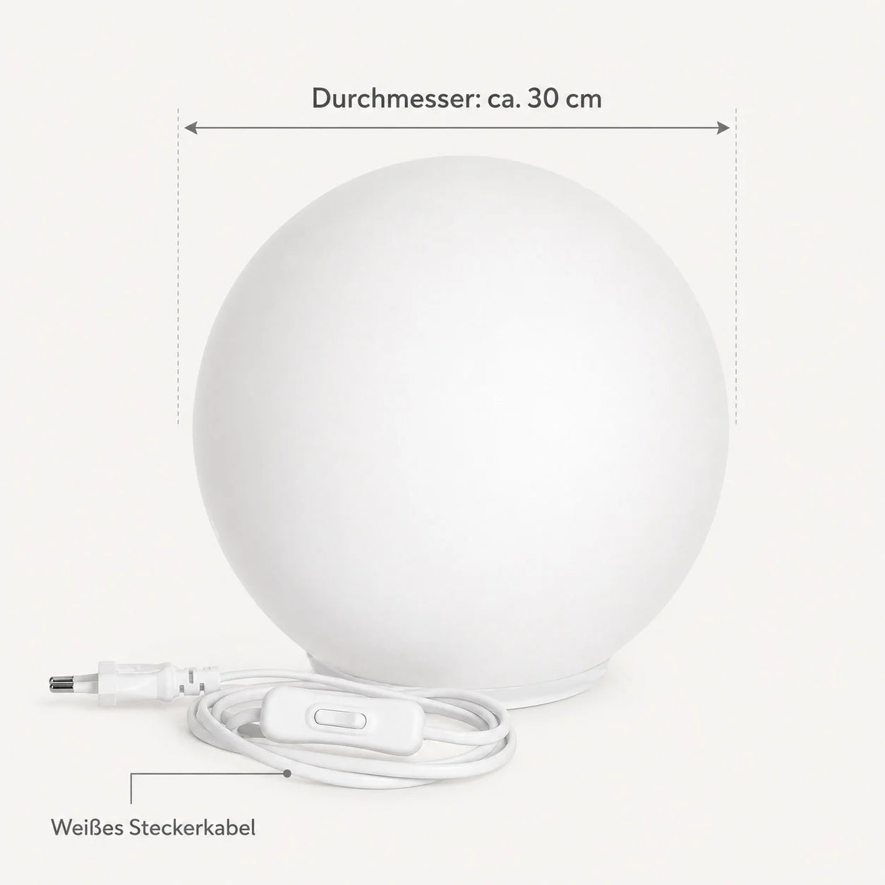 Tischlampe Kugel Glas weiß 30cm Durchmesser Tischlampe mit Steckerkabel und Schalter wofi point