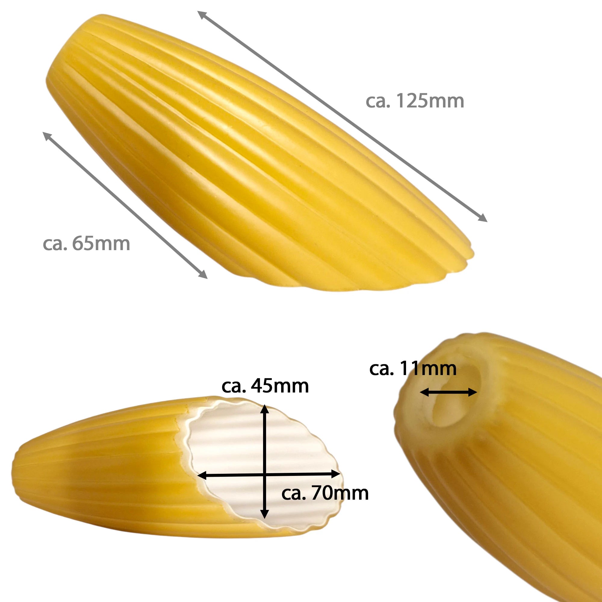 Maßzeichnung des Lampenglases mit 125 mm Länge, 45 mm Breite und 11 mm Lochdurchmesser