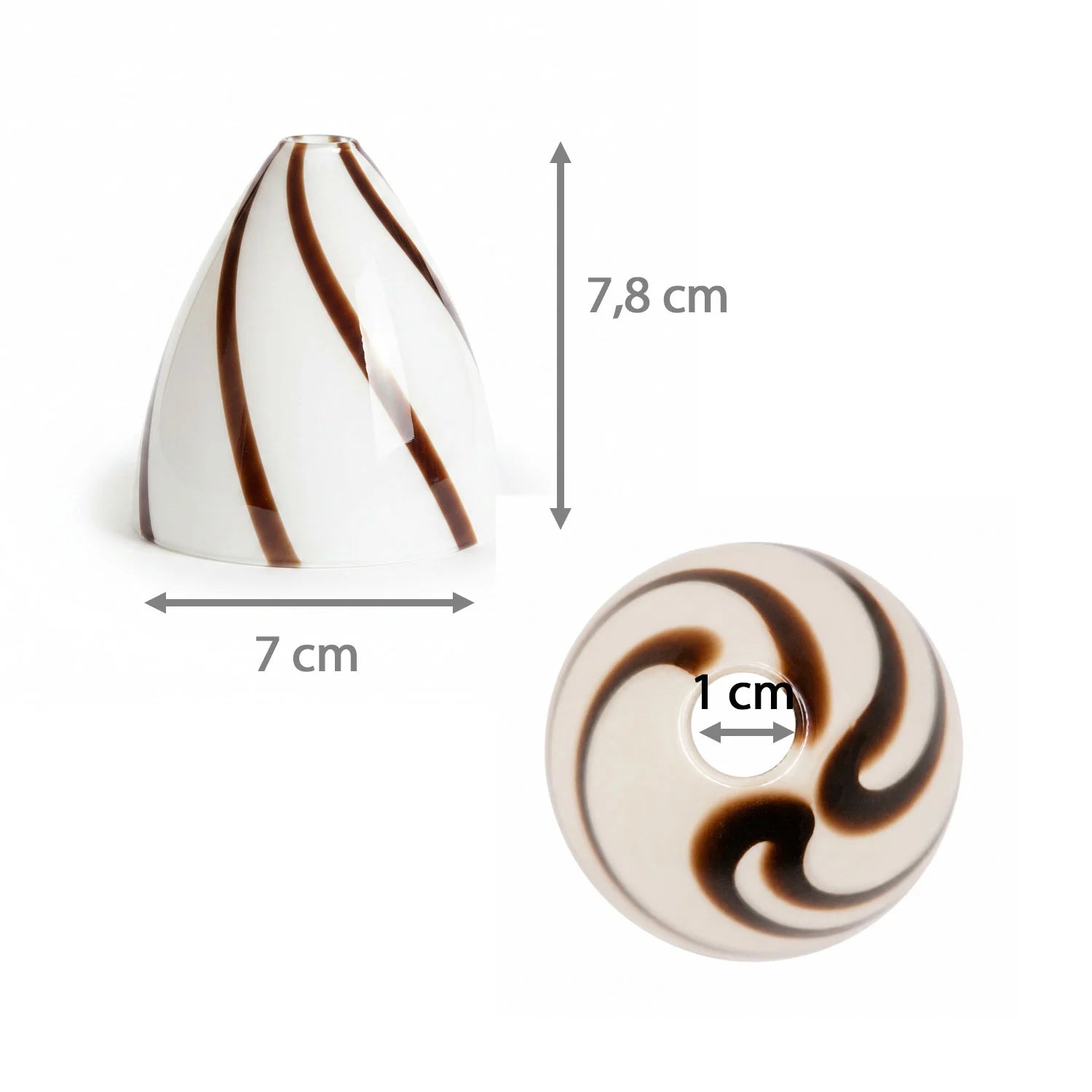 Detailansicht eines G4 Lampenglases mit Loch 1cm aus weißem Glas mit braunem Swirl-Dekor 