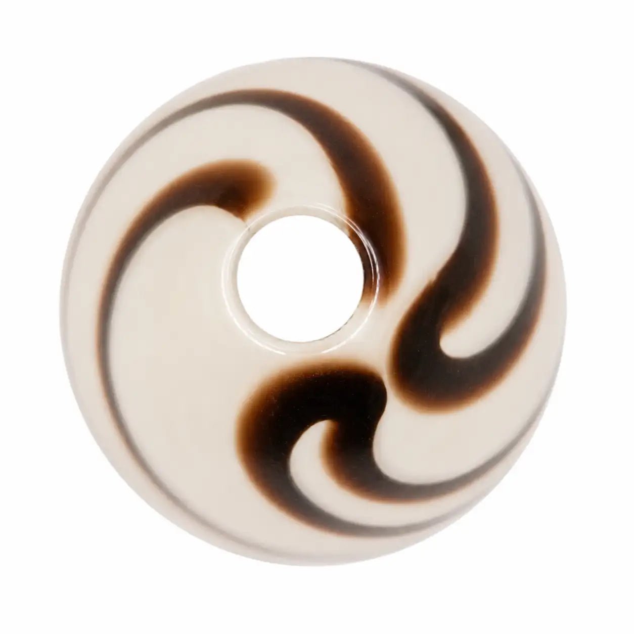 G4 Lampenglas aus weißem Glas mit braunen Swirl-Dekorstreifen, Höhe 7,8 cm, Kegelform. 