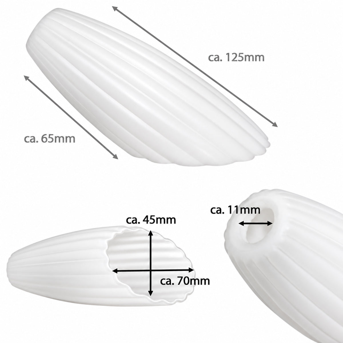 Maßzeichnung des Lampenglases mit 125 mm Länge, 45 mm Breite und 11 mm Lochdurchmesser