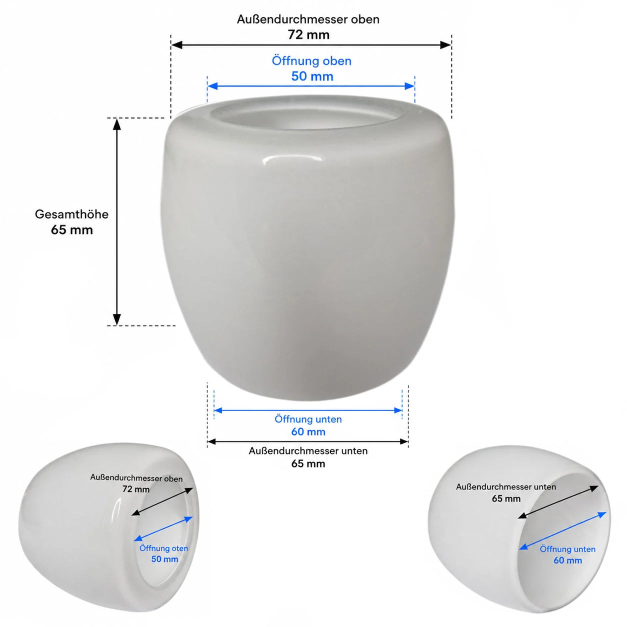 Maßzeichnung des Lampenglases mit Höhe 65 mm sowie 72 mm Außen- und 50 bzw. 60 mm Öffnungsdurchmesser