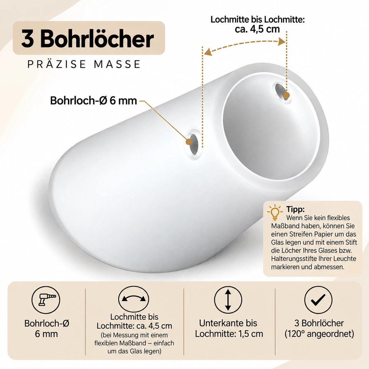 Detailansicht der drei Befestigungsbohrungen des Lampenglases mit 6 mm Bohrlochdurchmesser, 4,5cm Abstand und 120 Grad Anordnung.