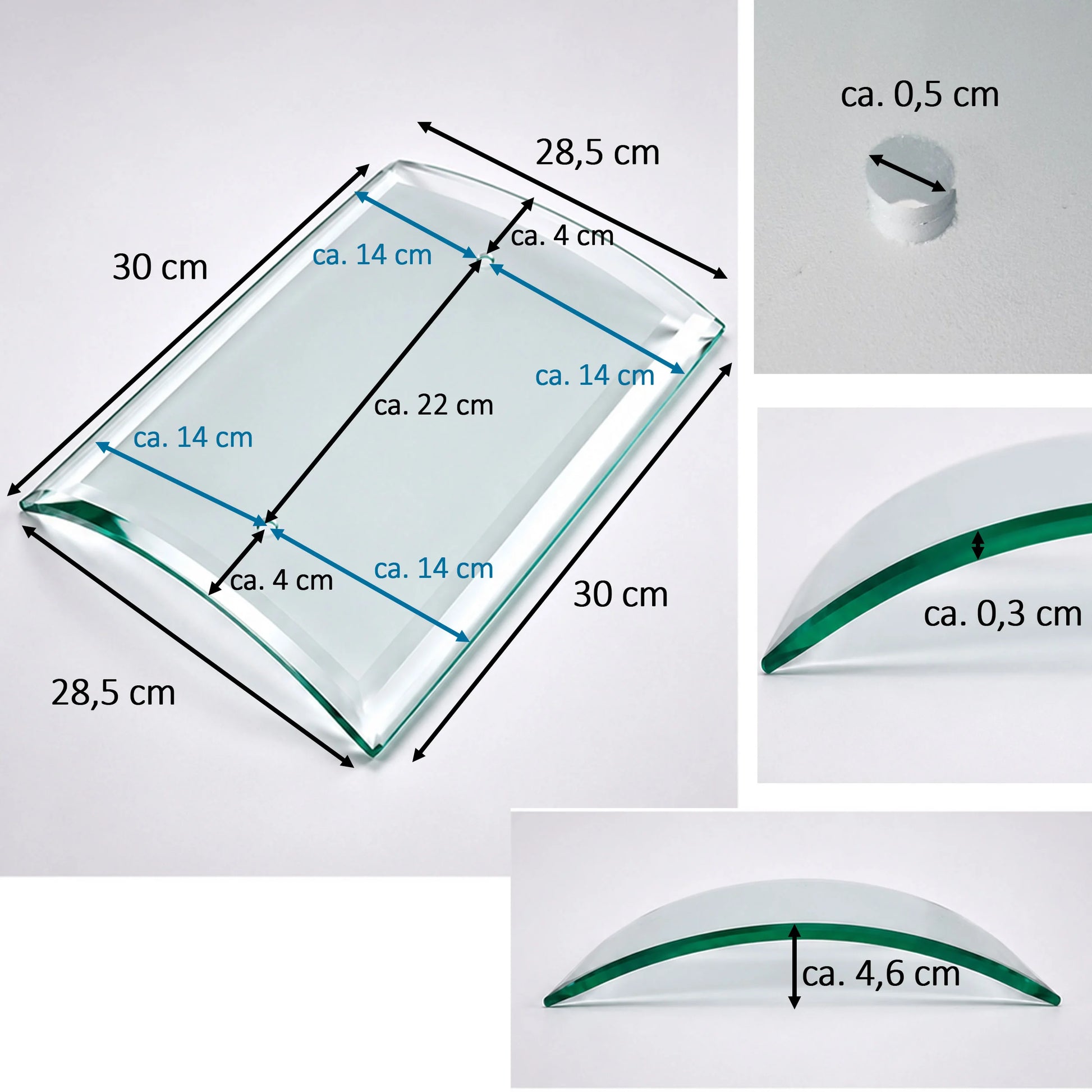Lampenglas rechteckig gebogen klar transparent 30 cm x 28,5 cm 5 mm Bohrlöcher Ersatzglas Sompex Contra 93700 93706 Glasdicke 3mm