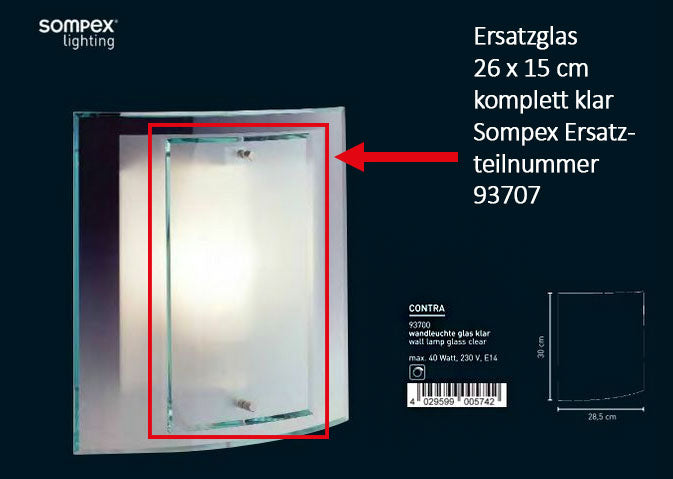 Lampenglas transparent rechteckig gebogen für Wandleuchte mit 2 Bohrlöchern 26 cm x 15 cm -  Klares Ersatzglas Contra Sompex klein