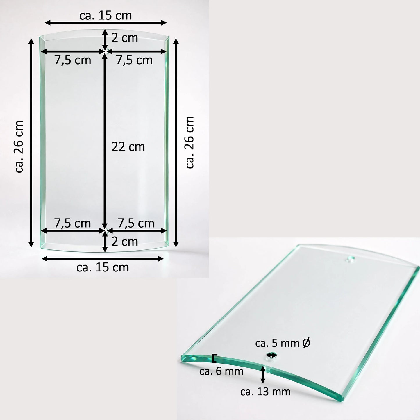 Lampenglas transparent rechteckig gebogen für Wandleuchte mit 2 Bohrlöchern 26 cm x 15 cm -  Klares Ersatzglas Contra Sompex klein