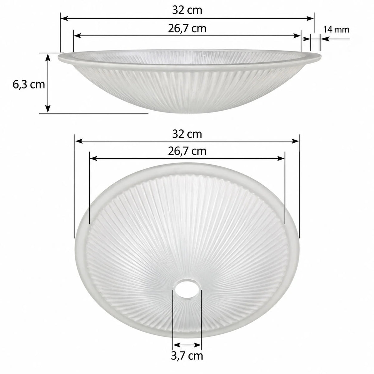Maße Lampenglas Ø 32 cm mit 26,7 cm Innendurchmesser und 3,7 cm Mittelloch