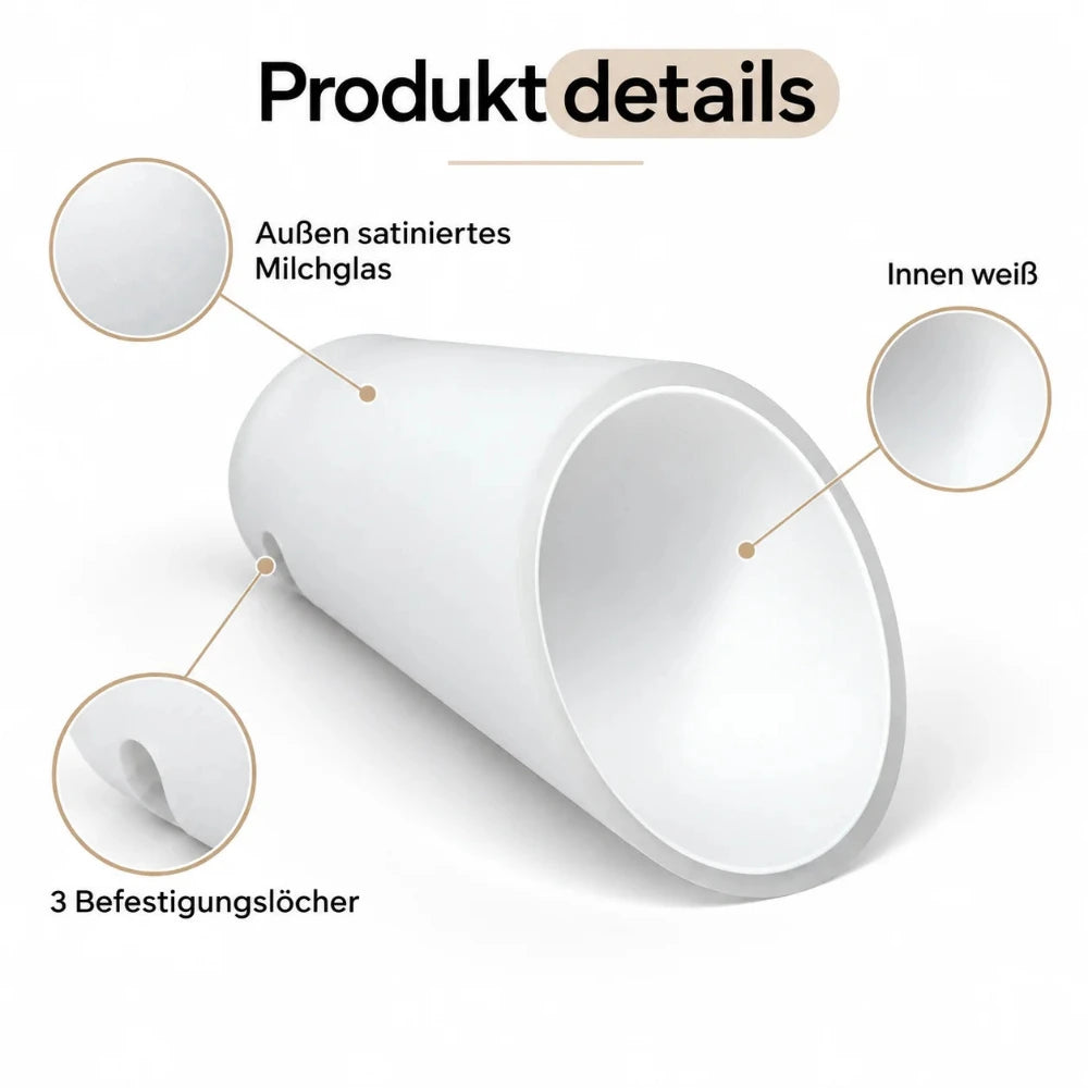 Produktdetails des Lampenglases mit außen satinierter Milchglas-Oberfläche, weißer Innenseite und drei Befestigungslöchern.