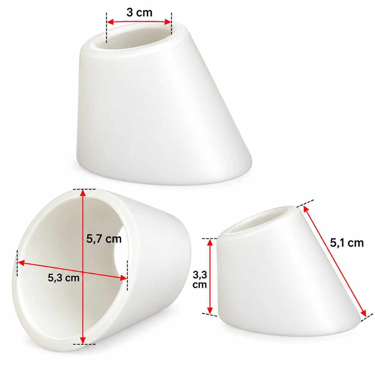 Maßzeichnung des schrägen Lampenglases mit 30 mm Öffnung, 57 x 53 mm Unterseite und 33 bis 51 mm Seitenlänge