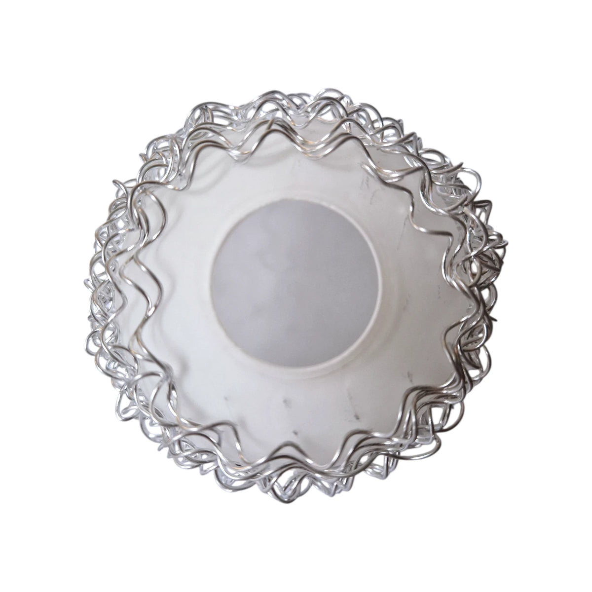 Kugelförmiger Lampenschirm aus weißem Glas mit silberfarbenen Drahtspiralen im Retro Vintage Stil loch für leuchtmittel 3cm