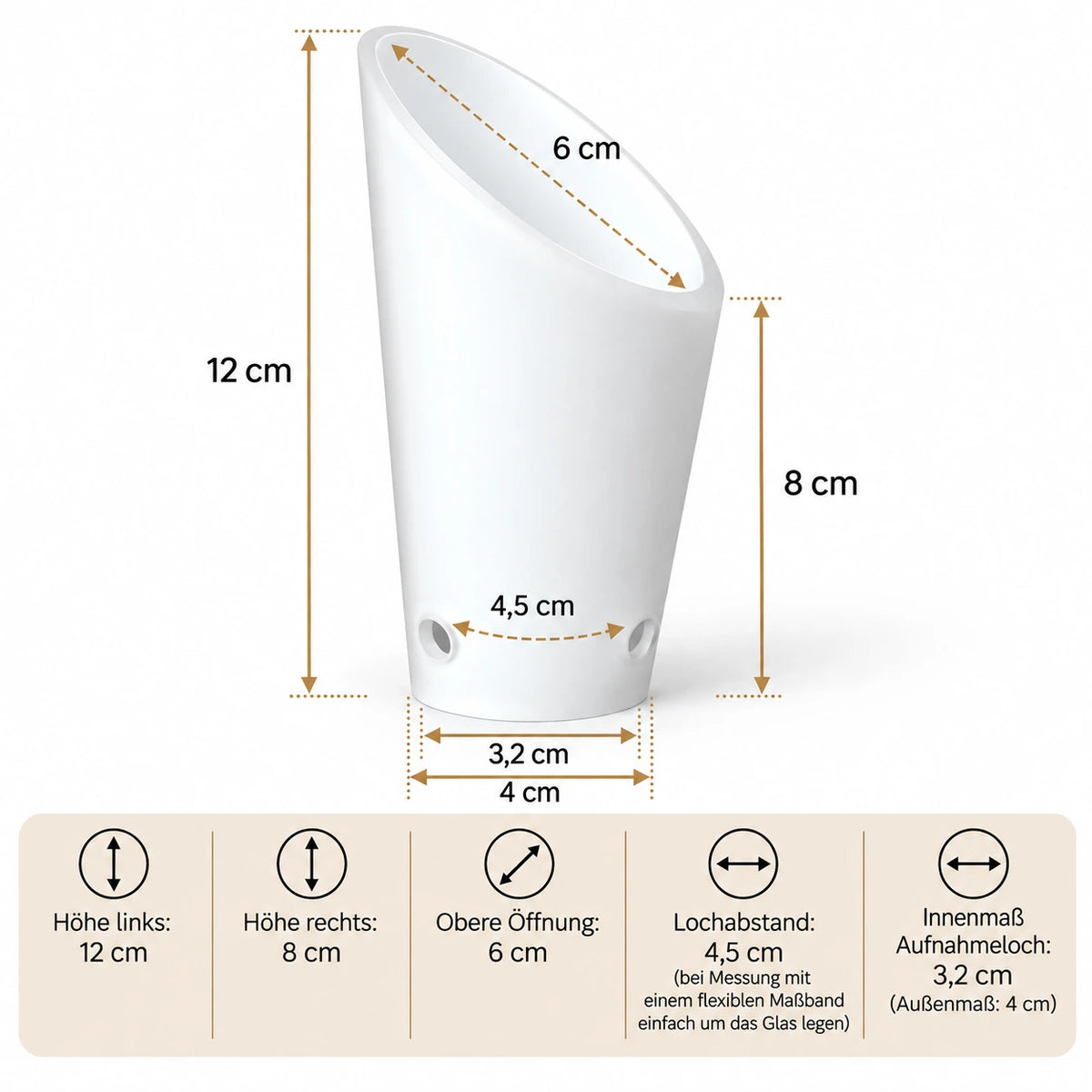 Maßdarstellung des weiß satinierten Lampenglases mit 12 cm und 8 cm Höhe, 6 cm oberer Öffnung und 3,2 cm Loch für Leuchtmittelaufnahme