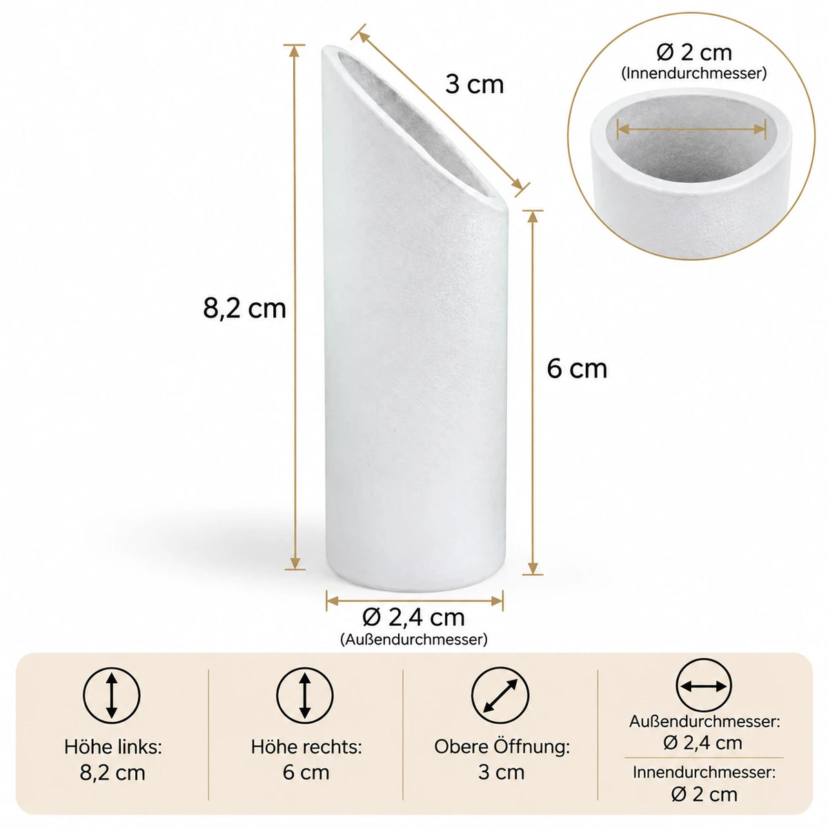 Maßdarstellung des weißen schrägen Lampenglases mit 8,2 cm Höhe links, 6 cm Höhe rechts, 3 cm oberer Öffnung und 2 cm Durchmesser innen