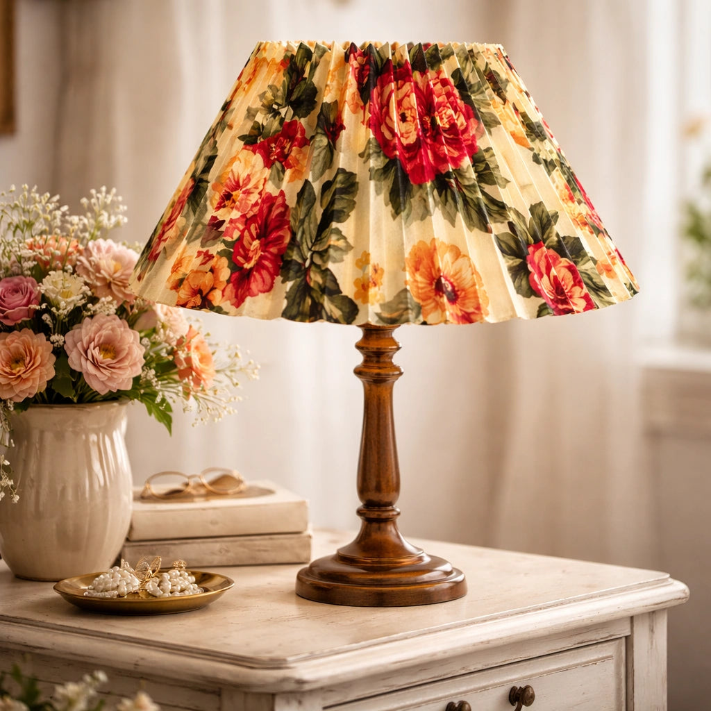 Plissierter Lampenschirm mit Blumenmuster in Creme-Weiß auf einer kleinen Tischlampe