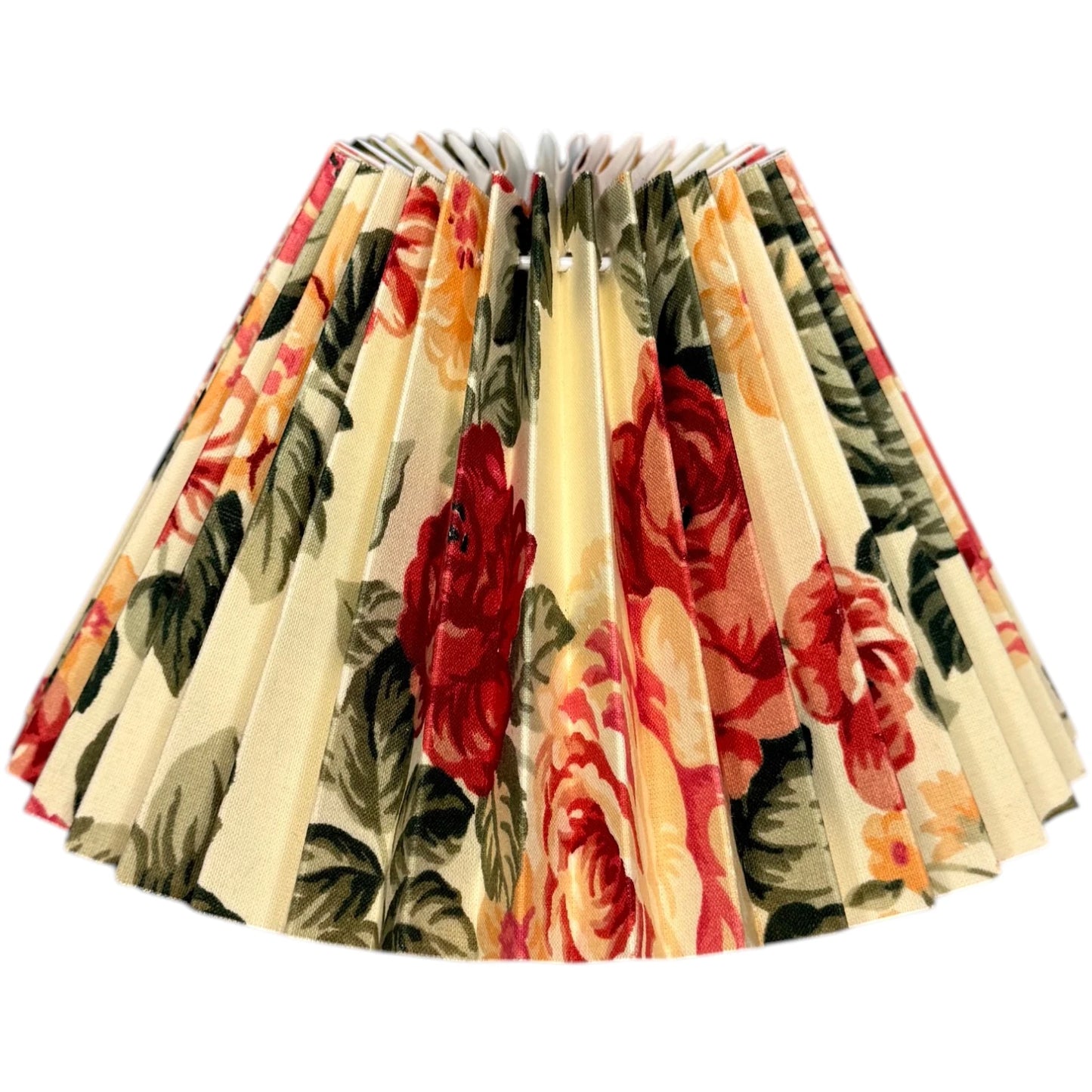 Konischer, plissierter Lampenschirm mit floralem Blumenmuster auf creme-weißem Stoff