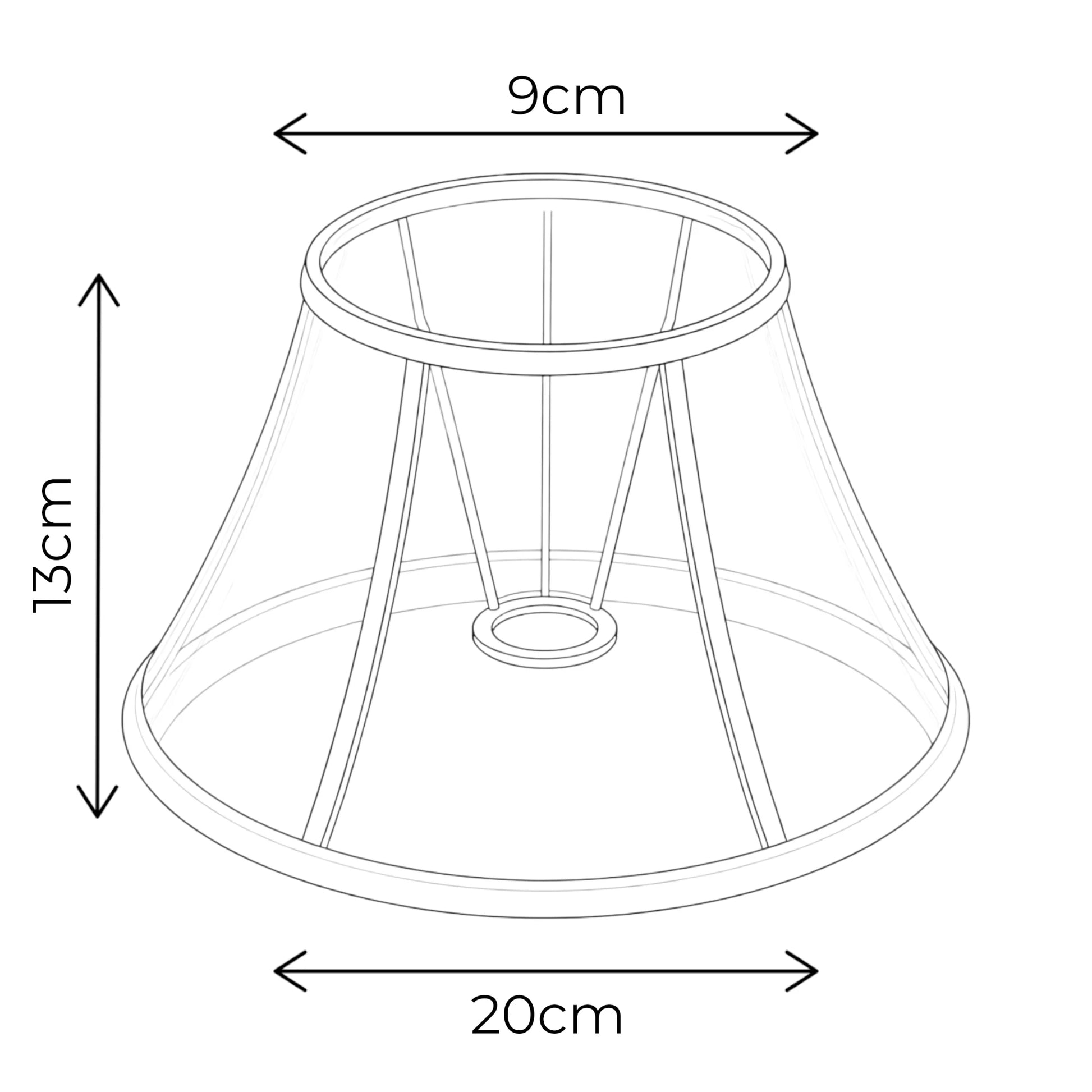 Maßgrafik des konischen Lampenschirms mit Blumenmuster, 13 cm hoch, 9 cm oben und 20 cm unten