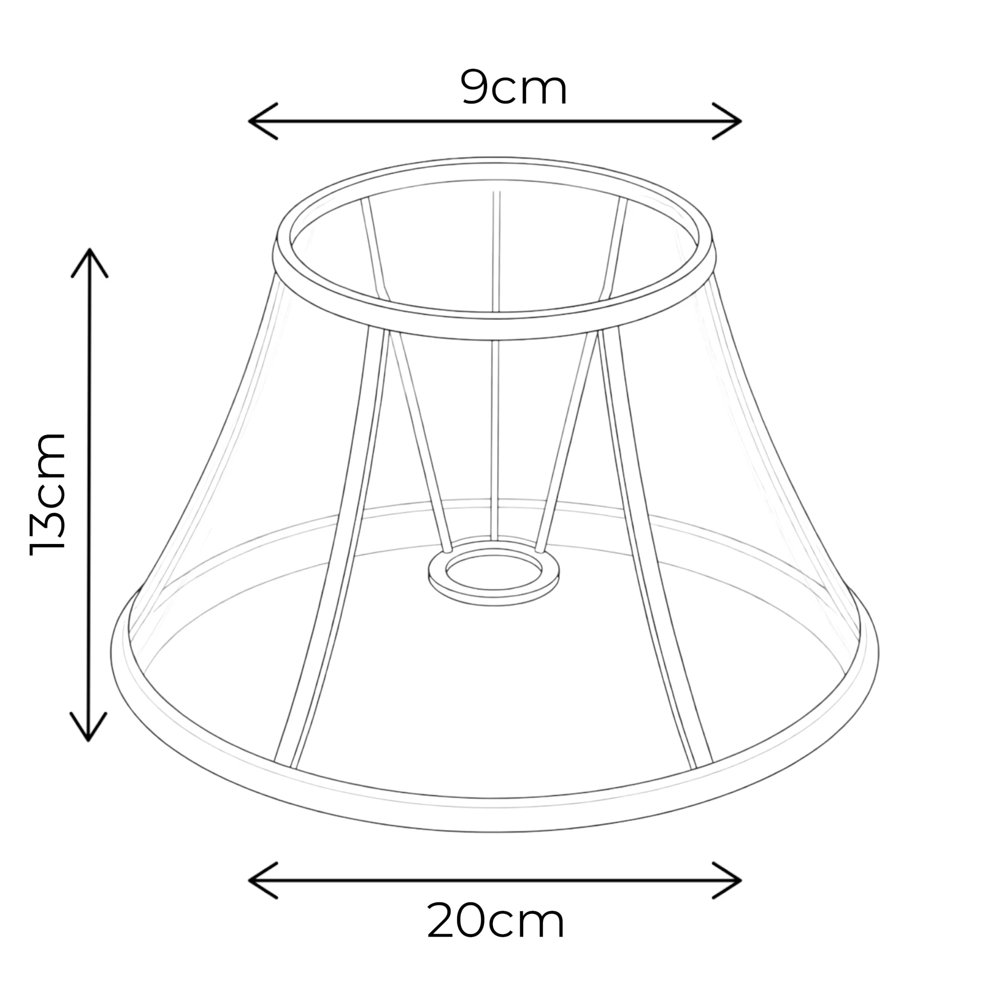 Maßgrafik des konischen Lampenschirms mit Blumenmuster, 13 cm hoch, 9 cm oben und 20 cm unten