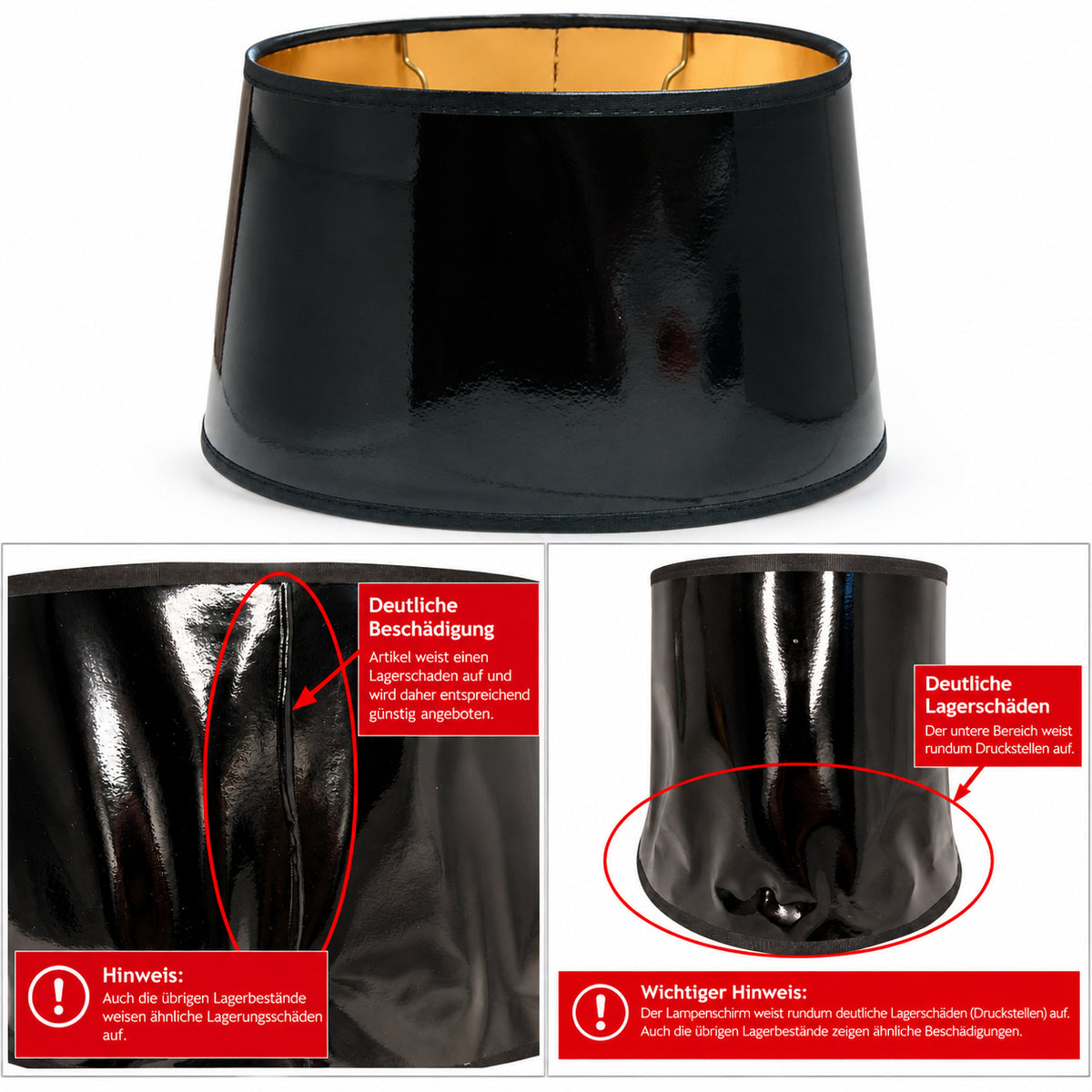 lampenschirm schwarz gläzend lack innen gold ovale form e27 für tischlampe mit mängeln