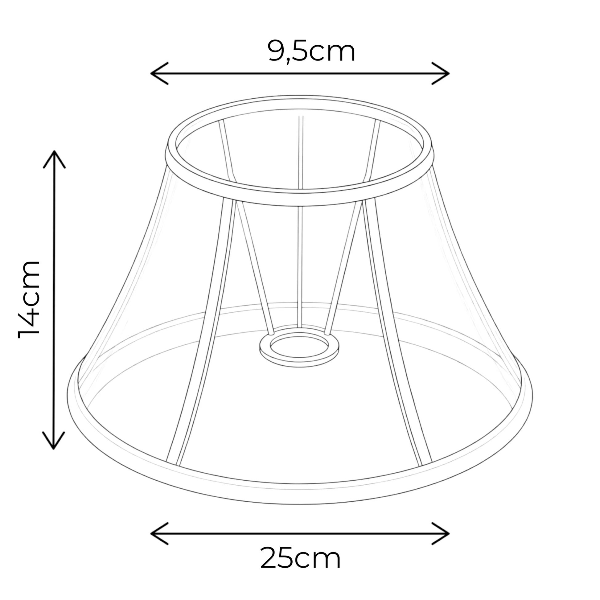 Maßgrafik des konischen Lampenschirms mit 25 cm unten, 9,5 cm oben und 16 cm Höhe