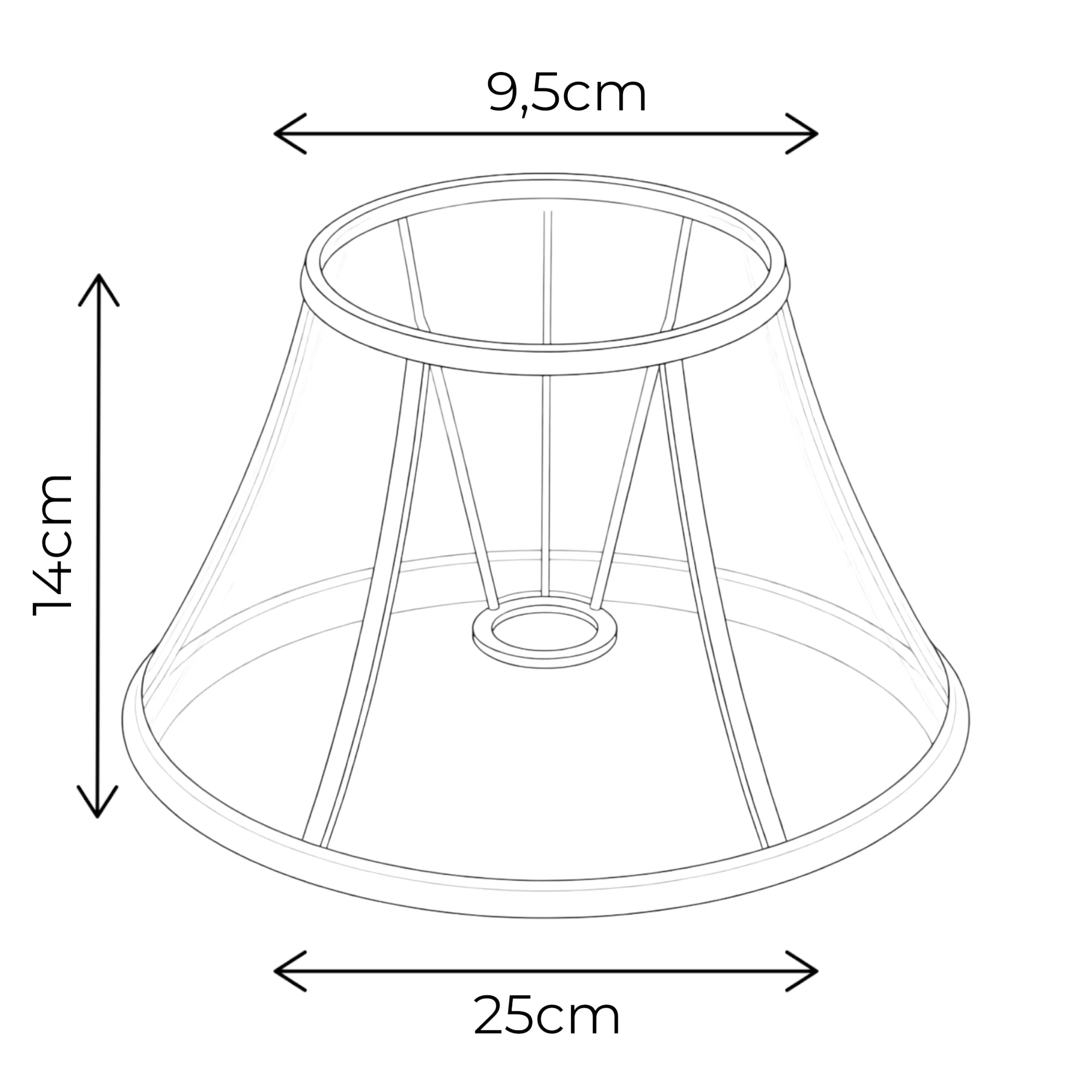 Maßgrafik des konischen Lampenschirms mit 25 cm unten, 9,5 cm oben und 16 cm Höhe