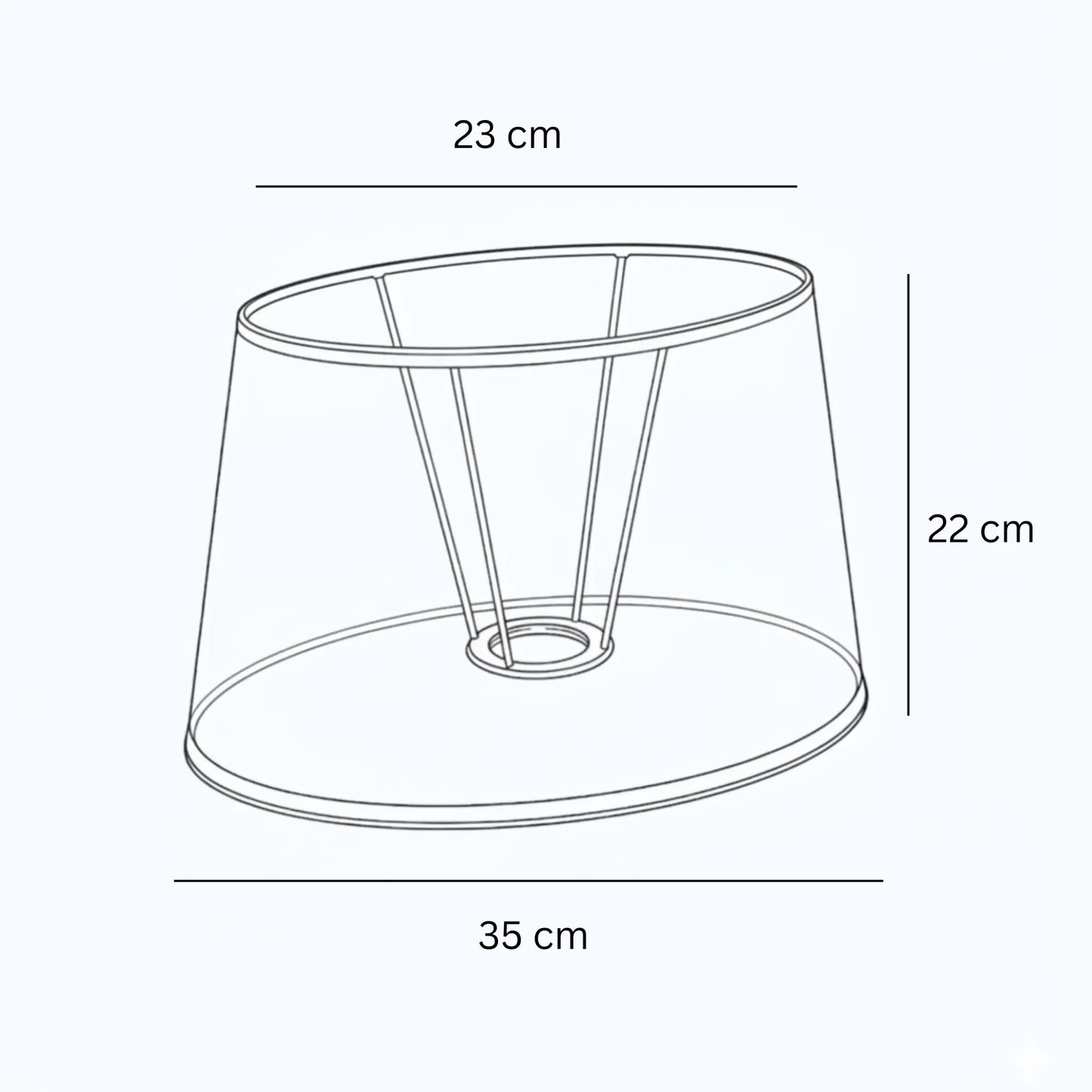 Technische Skizze eines roten ovalen Lampenschirms aus Leinen mit Maßen 23 cm oben, 35 cm unten und 22 cm Höhe, E27 mit Adapterring für E14, Light & Living, Artikelnummer 35435-1782