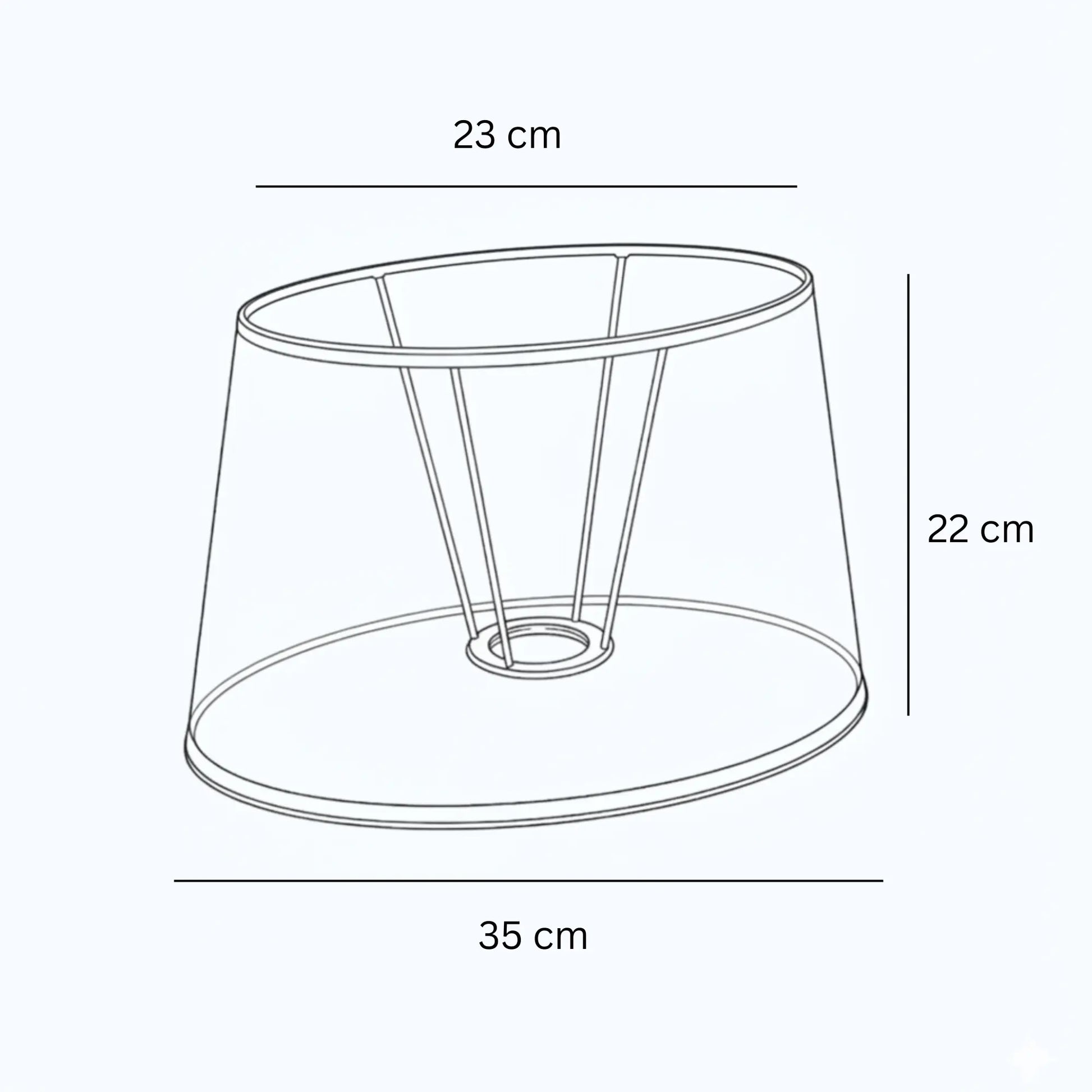 Technische Skizze eines roten ovalen Lampenschirms aus Leinen mit Maßen 23 cm oben, 35 cm unten und 22 cm Höhe, E27 mit Adapterring für E14, Light & Living, Artikelnummer 35435-1782