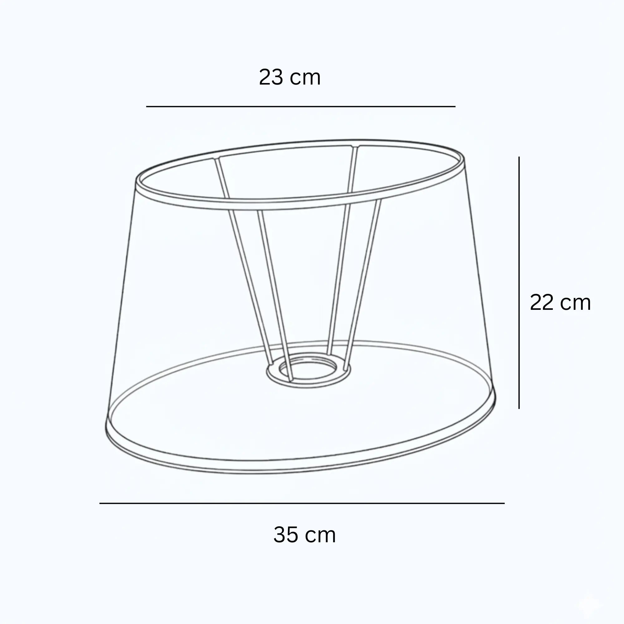 Technische Skizze eines roten ovalen Lampenschirms aus Leinen mit Maßen 23 cm oben, 35 cm unten und 22 cm Höhe, E27 mit Adapterring für E14, Light & Living, Artikelnummer 35435-1782