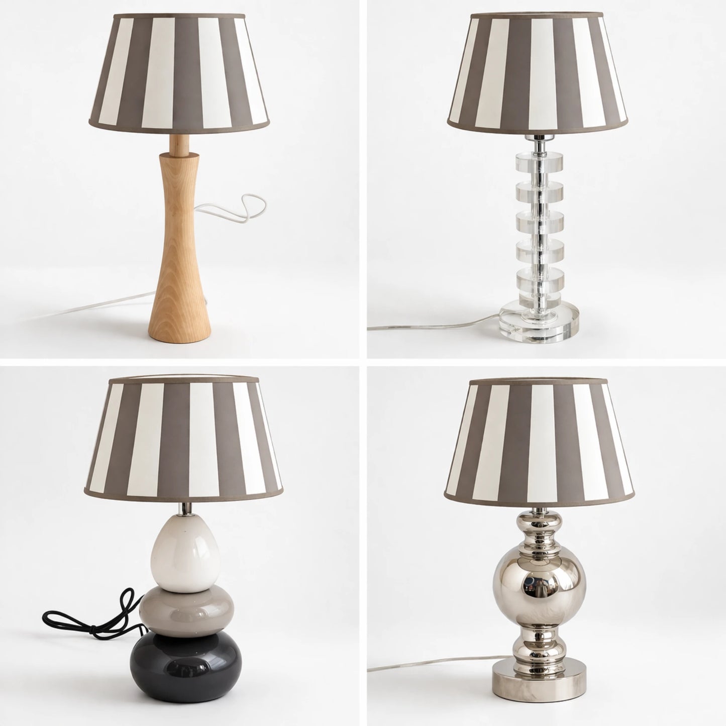 Various Lampenschirm Balken rund braun/creme aus Textil, Artikelnummer 280108, Lampenschirm auf verschiedenen Tischlampen aus Holz, Glas und Metall als Anwendungsbeispiel