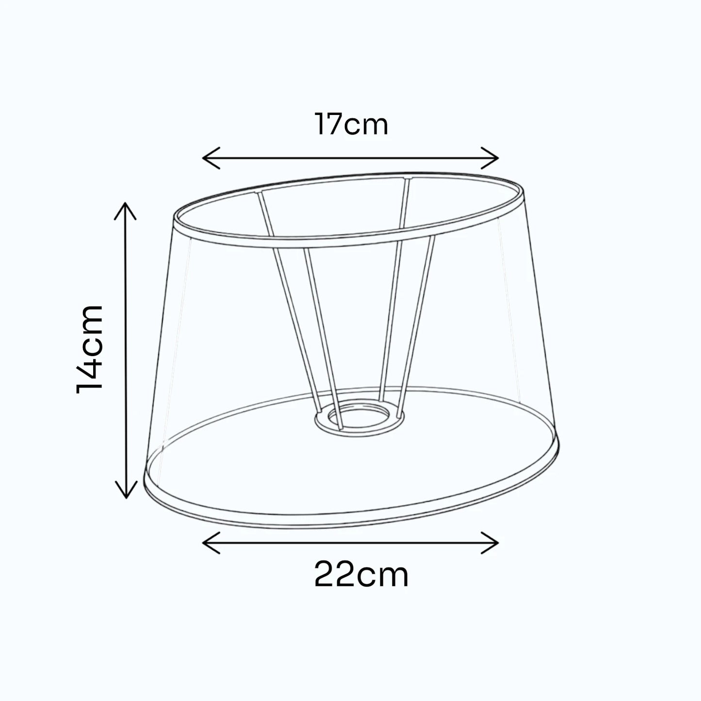 aßgrafik des ovalen Lampenschirms mit 22 cm unten, 17 cm oben und 14 cm Höhe