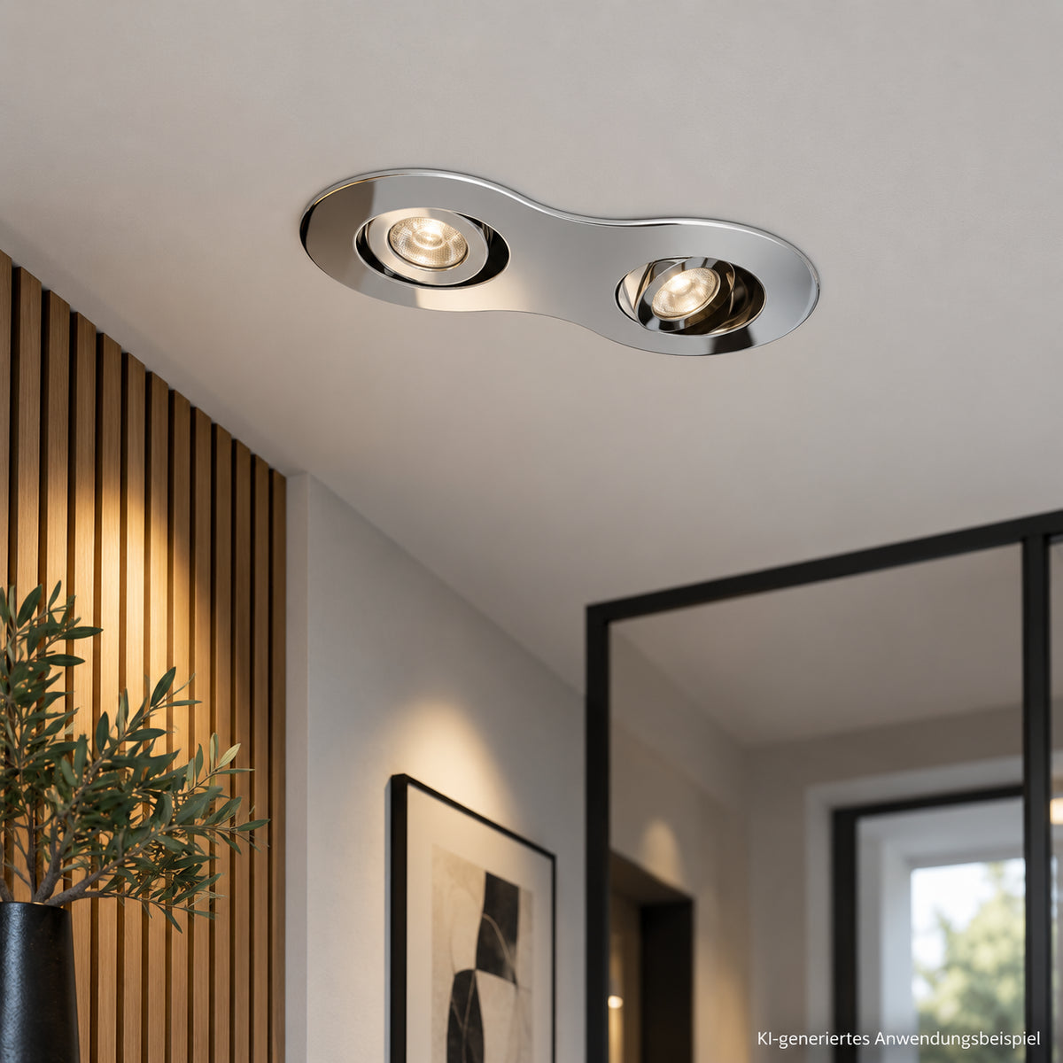 Lumiance Motto LED Organic Duo Chrom eingebaut in moderner Decke – KI-generiertes Anwendungsbeispiel