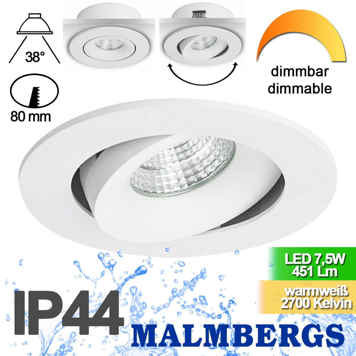 LED Spot mit breiten Rahmen 80mm 7.5W dimmbar weiß IP44 MD-70 – Einbaustrahler IP44, schwenkbar, dimmbar, 80mm