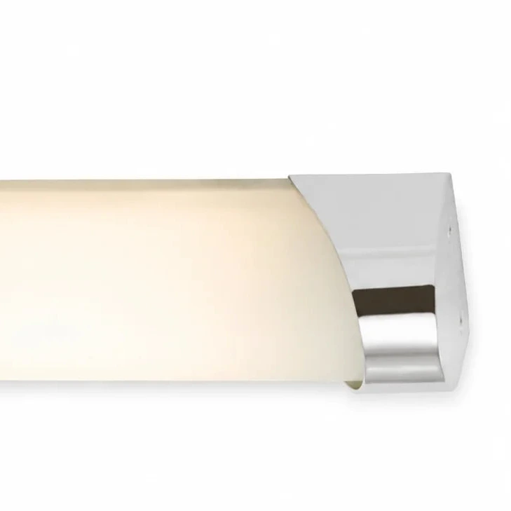 Chromfarbene LED Spiegelleuchte 25 cm mit weißem Glas in frontaler Produktansicht