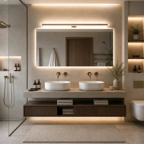 Modernes Badezimmer mit LED-Spiegelleuchte, beleuchtetem Wandspiegel, Doppelwaschbecken und warmem Licht