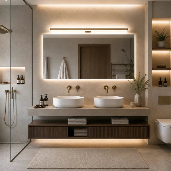 Modernes Badezimmer mit LED-Spiegelleuchte, beleuchtetem Wandspiegel, Doppelwaschbecken und warmem Licht