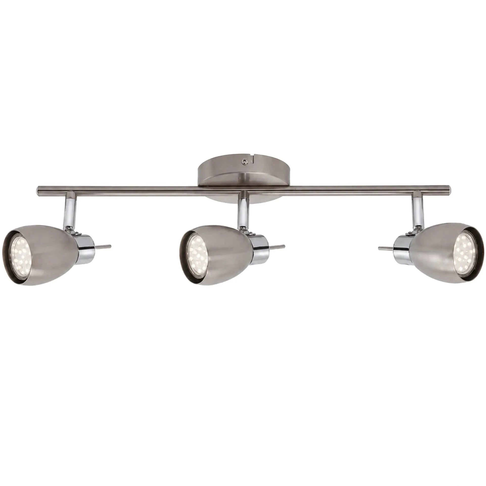 Briloner TWO LED-Spotbalken in Nickel matt mit drei schwenkbaren GU10-Spots in frontaler Ansicht, SW15066