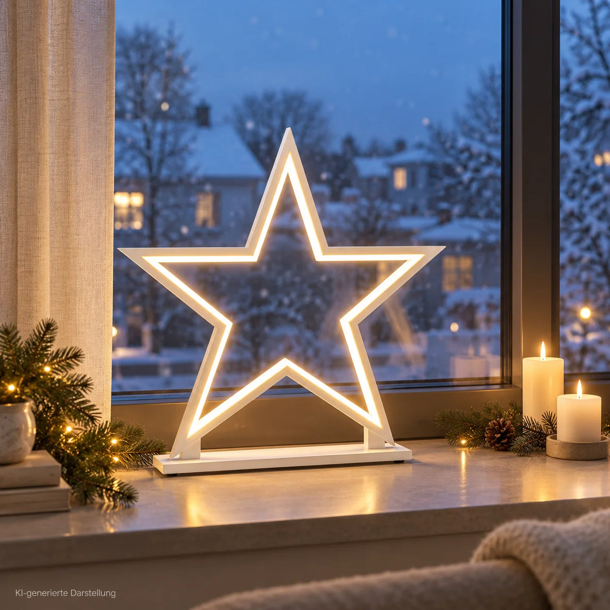 Weiße LED Stern-Tischlampe aus Holz, 53 cm hoch, als leuchtender Weihnachtsstern auf einer winterlich dekorierten Fensterbank.