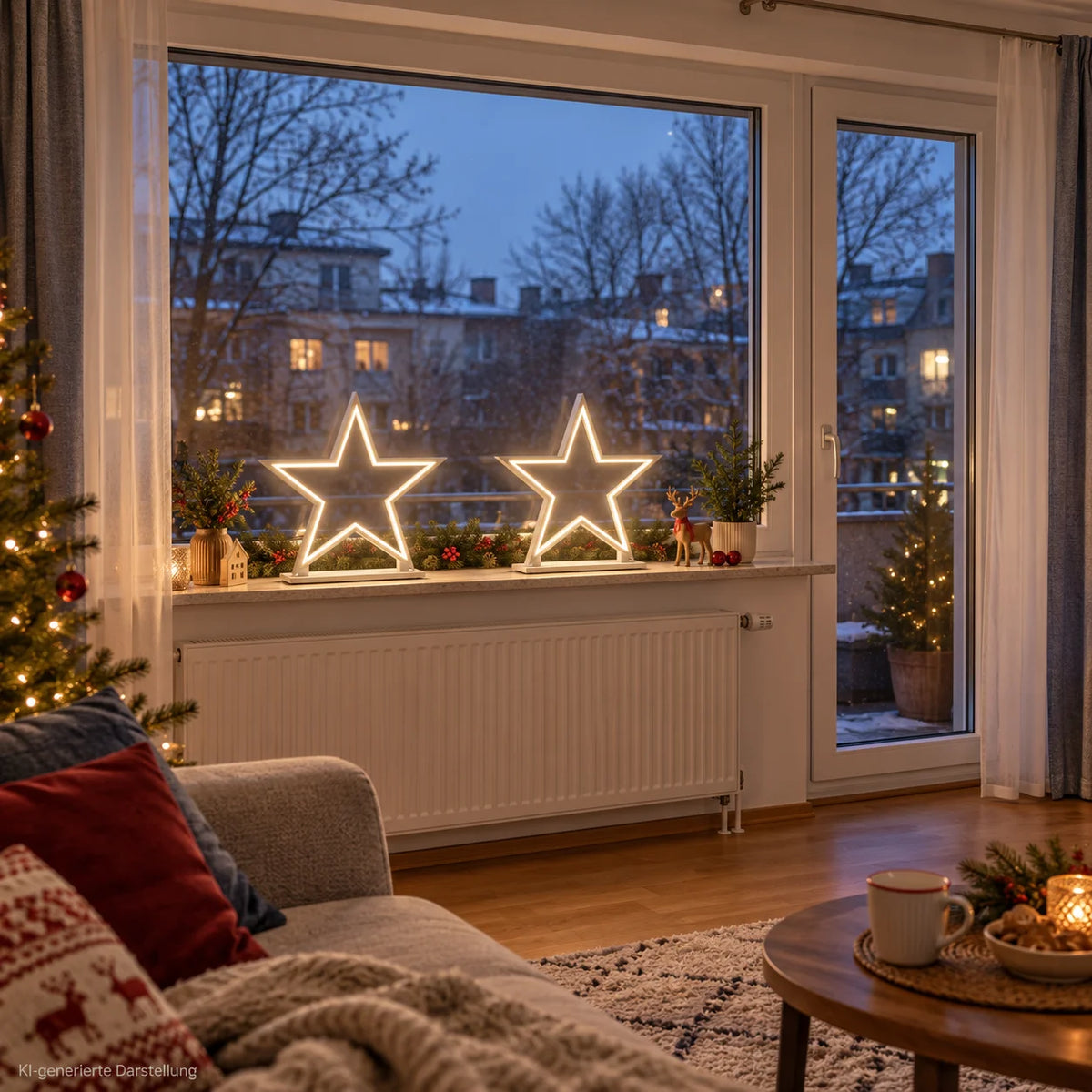 Zwei weiße LED Stern-Tischlampen aus Holz, 53 cm hoch, auf einer weihnachtlich dekorierten Fensterbank im Wohnzimmer.