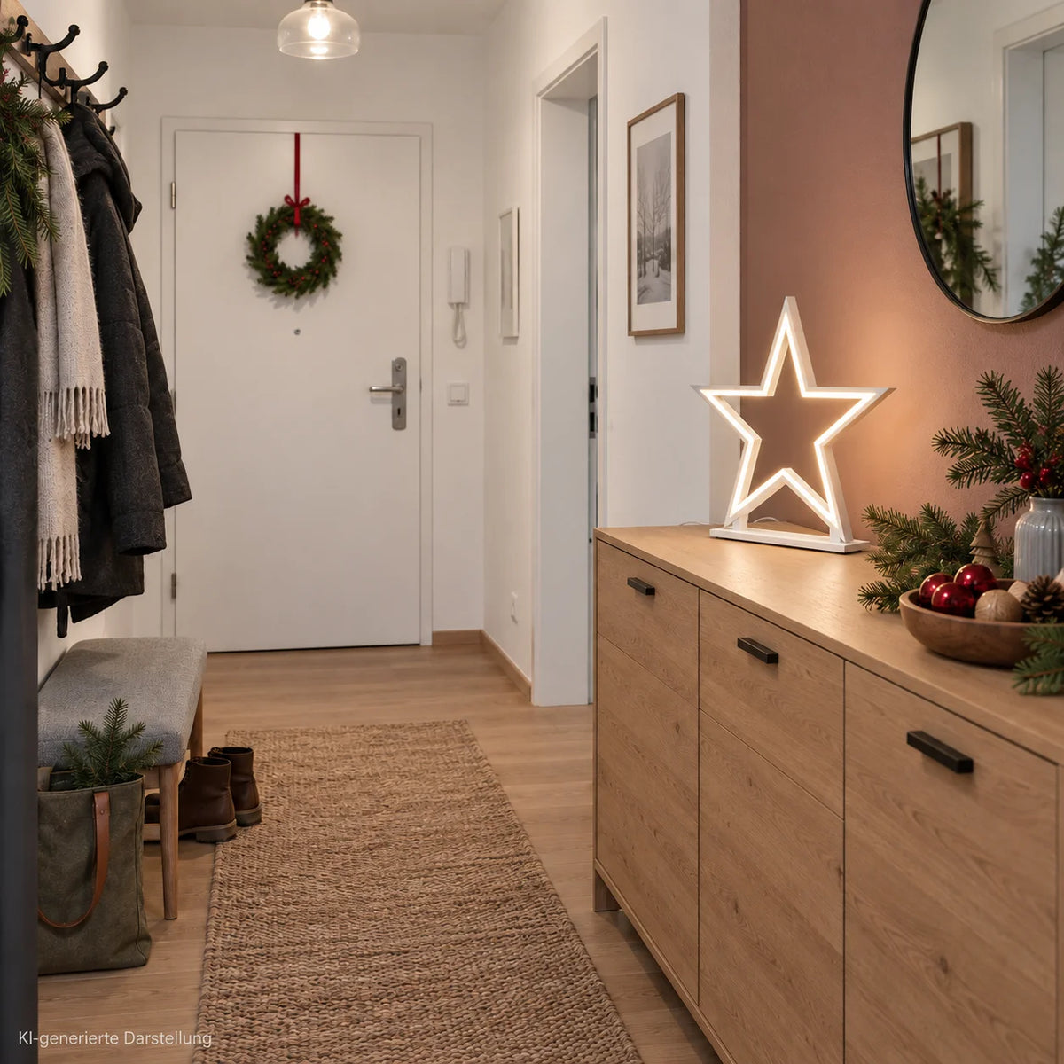 Weiße LED Stern-Tischlampe aus Holz, 53 cm hoch, auf einer Kommode im weihnachtlich dekorierten Flur mit Tannenzweigen und Weihnachtskranz.