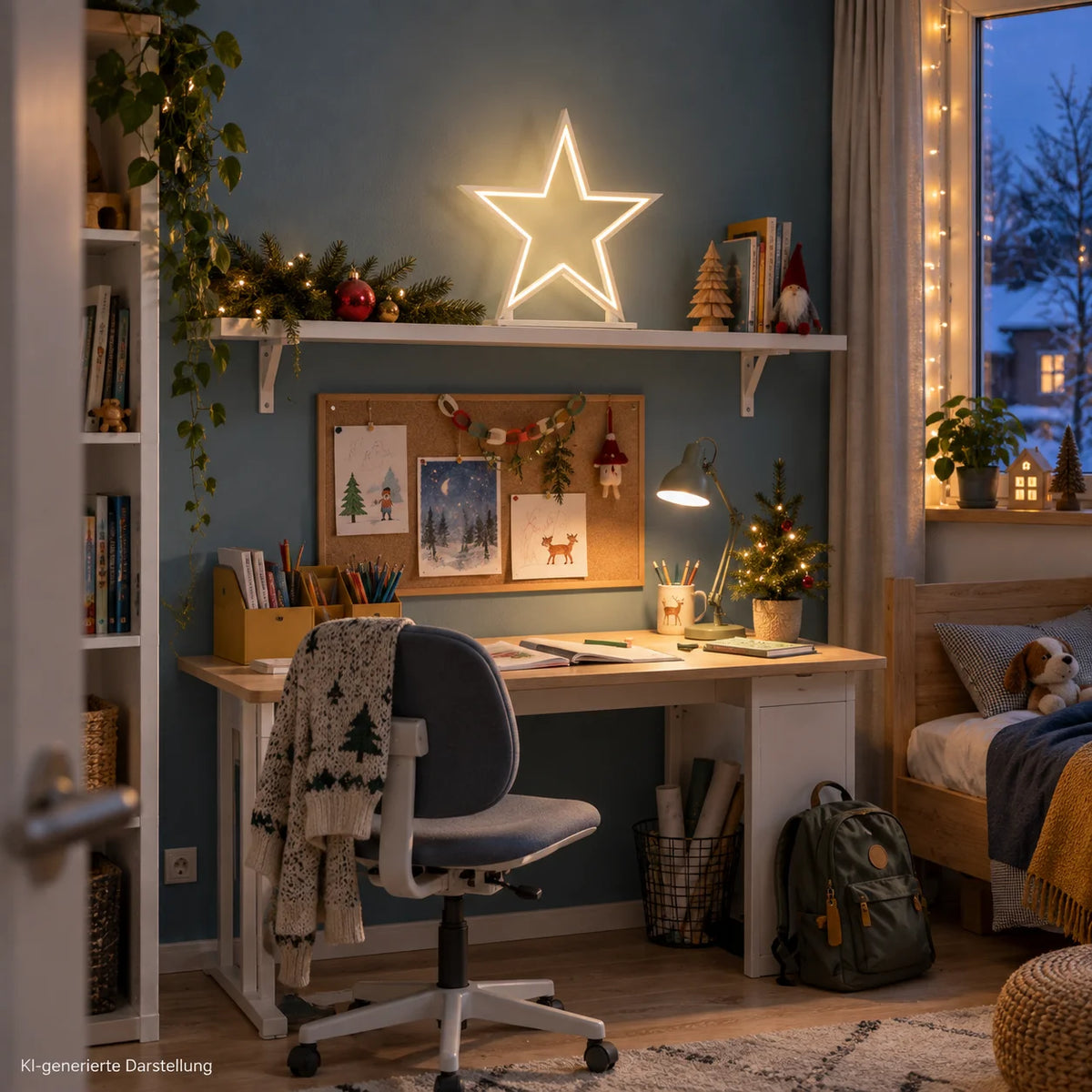 Weiße LED Stern-Tischlampe aus Holz, 53 cm hoch, als leuchtende Weihnachtsdekoration auf einem Wandregal im gemütlich dekorierten Kinderzimmer.