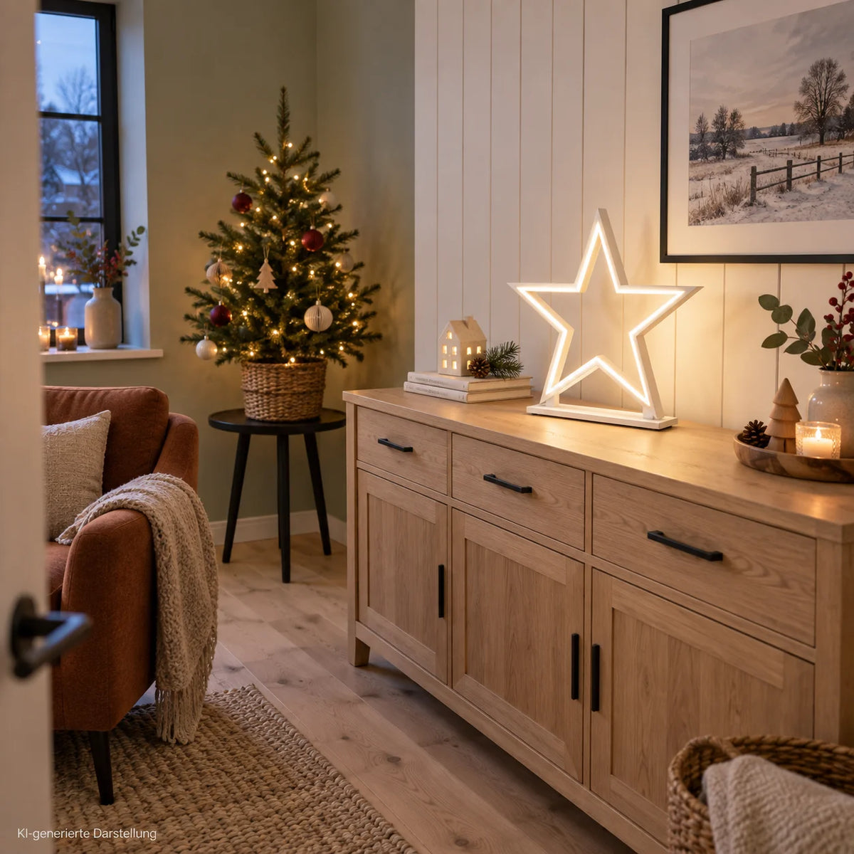 Weiße LED Stern-Tischlampe aus Holz, 53 cm hoch, auf einem Sideboard in einem hellen weihnachtlich dekorierten Wohnzimmer mit Weihnachtsbaum.