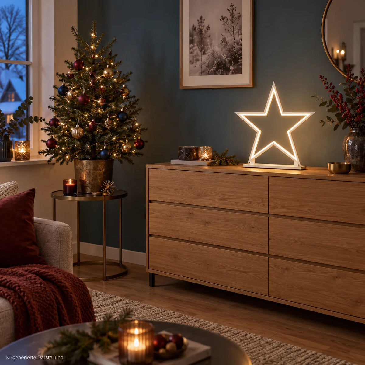 Weiße LED Stern-Tischlampe aus Holz, 53 cm hoch, auf einer Kommode im weihnachtlich dekorierten Wohnzimmer mit Weihnachtsbaum.