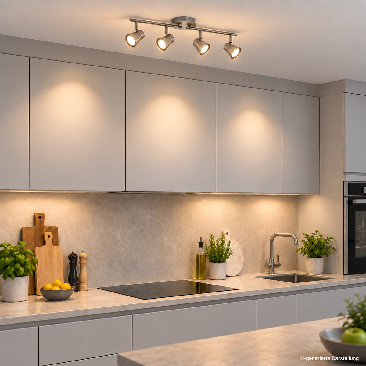 Briloner FOUR LED Strahlerleiste 4-flammig in Nickel-matt, vier schwenkbare GU10-Spots an einer länglichen Deckenleiste über einer modernen Küchenzeile